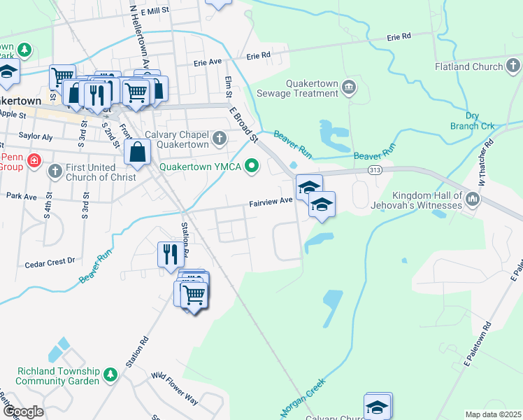 map of restaurants, bars, coffee shops, grocery stores, and more near 388 Fairview Avenue in Quakertown