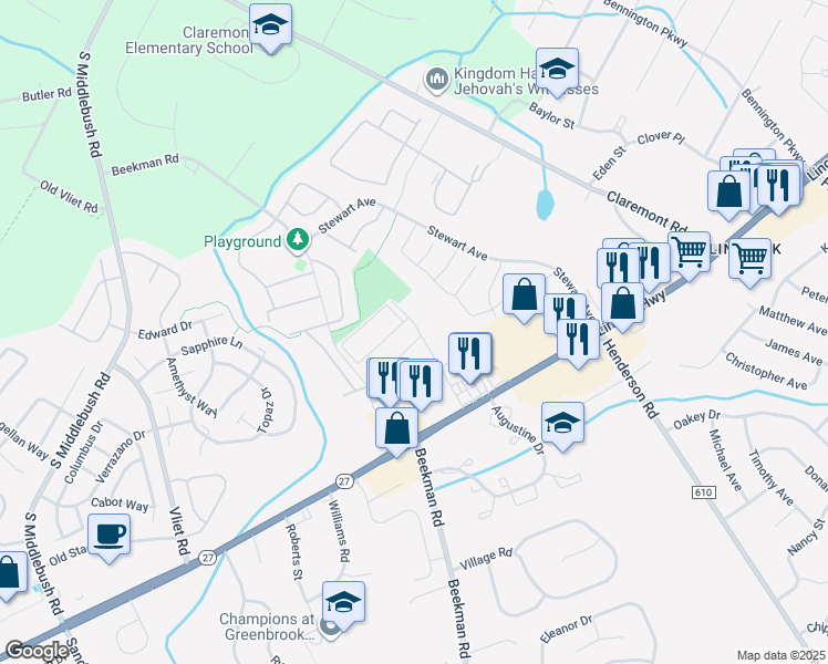 map of restaurants, bars, coffee shops, grocery stores, and more near 21 Delar Parkway in Franklin Township
