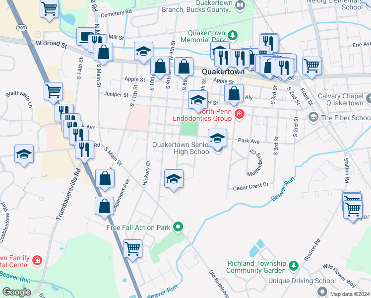 map of restaurants, bars, coffee shops, grocery stores, and more near 719 Lehigh Drive in Quakertown