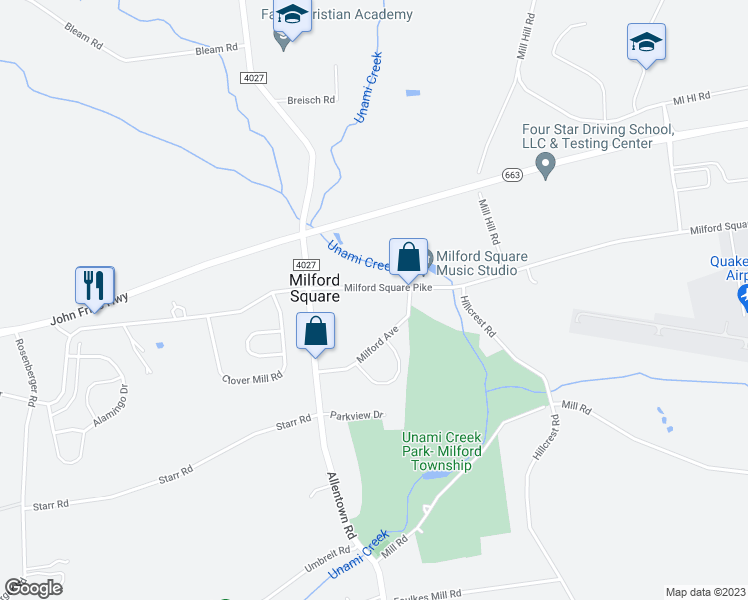 map of restaurants, bars, coffee shops, grocery stores, and more near 2221 Milford Square Pike in Quakertown