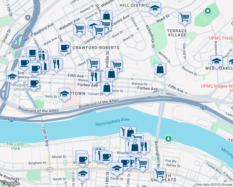 map of restaurants, bars, coffee shops, grocery stores, and more near 309 Gist Street in Pittsburgh