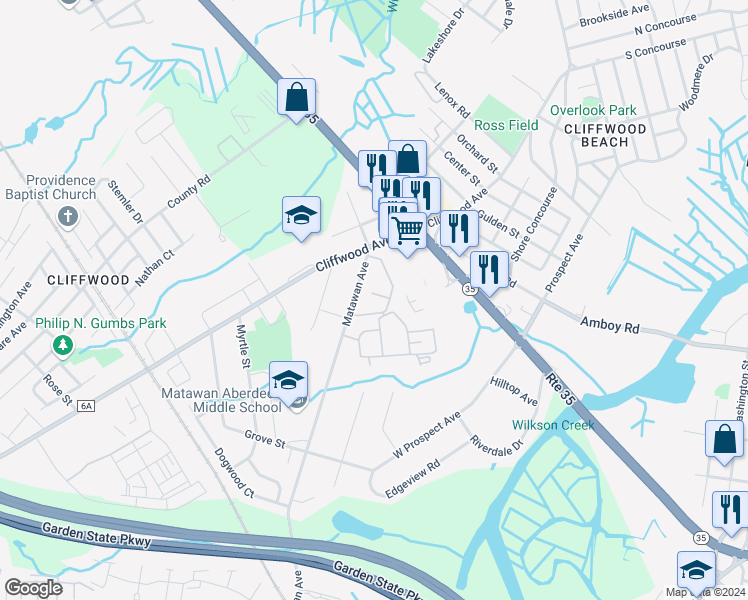map of restaurants, bars, coffee shops, grocery stores, and more near 324A Matawan Avenue in Aberdeen Township