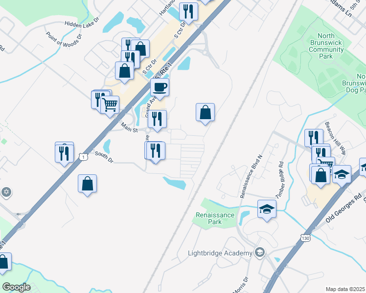 map of restaurants, bars, coffee shops, grocery stores, and more near 1 Green Street in North Brunswick Township