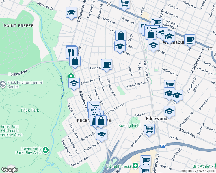 map of restaurants, bars, coffee shops, grocery stores, and more near 900 South Trenton Avenue in Pittsburgh