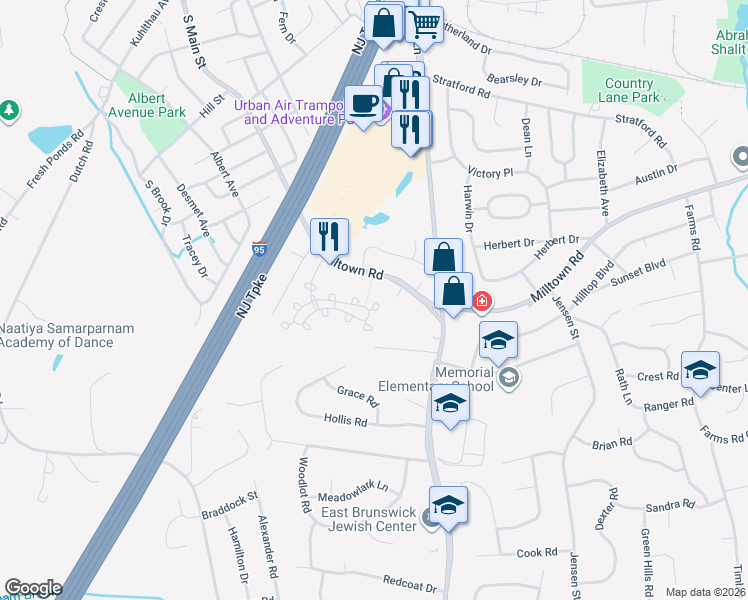 map of restaurants, bars, coffee shops, grocery stores, and more near 18 Winterberry Court in East Brunswick