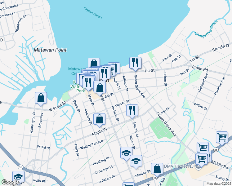 map of restaurants, bars, coffee shops, grocery stores, and more near 70 Church Street in Keyport