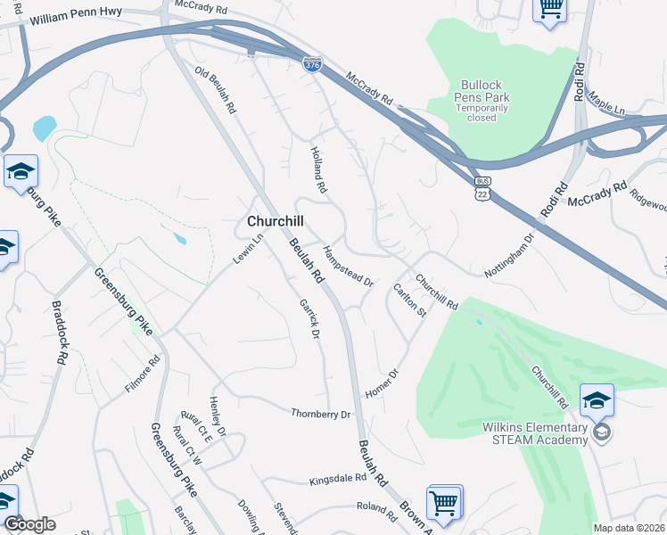 map of restaurants, bars, coffee shops, grocery stores, and more near 2008 Hampstead Drive in Pittsburgh