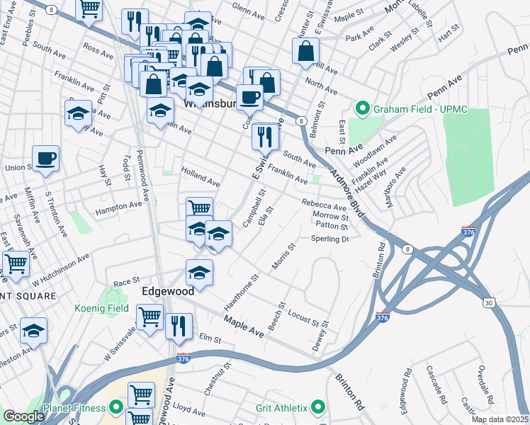 map of restaurants, bars, coffee shops, grocery stores, and more near 545 Campbell Street in Pittsburgh