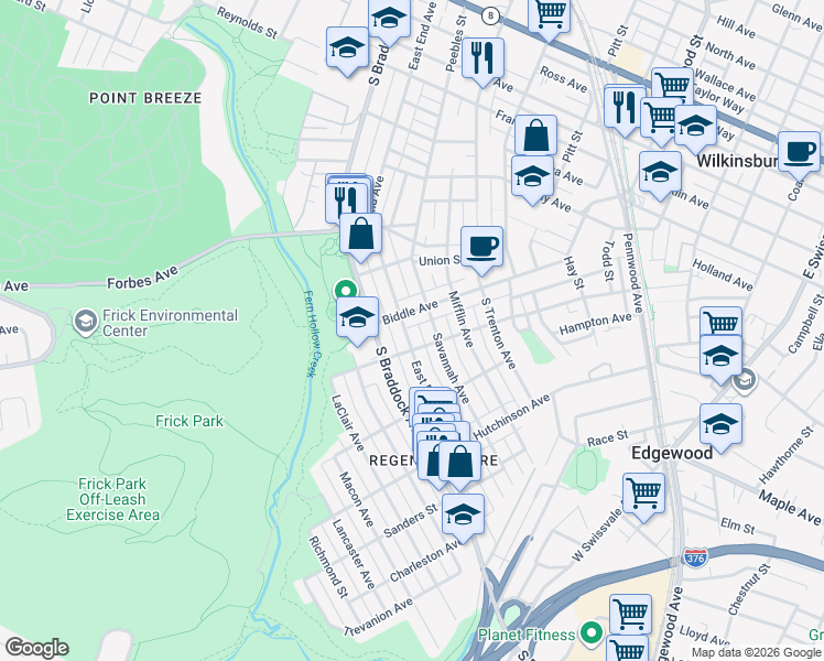 map of restaurants, bars, coffee shops, grocery stores, and more near 114 Biddle Avenue in Pittsburgh