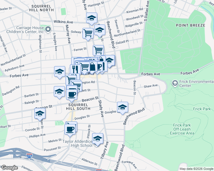map of restaurants, bars, coffee shops, grocery stores, and more near 6314 Darlington Road in Pittsburgh