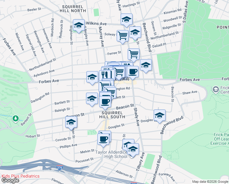 map of restaurants, bars, coffee shops, grocery stores, and more near 5830 Darlington Road in Pittsburgh