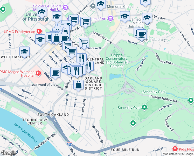 map of restaurants, bars, coffee shops, grocery stores, and more near 15 Oakland Square in Pittsburgh