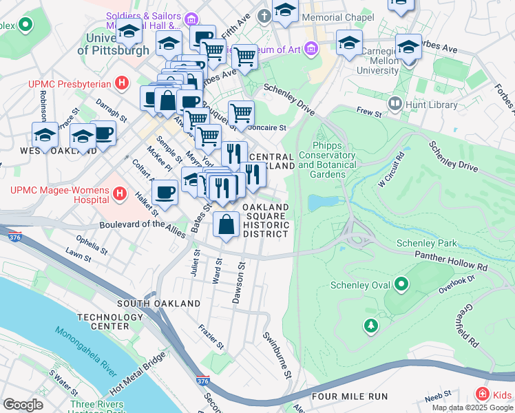 map of restaurants, bars, coffee shops, grocery stores, and more near 434 Atwood Street in Pittsburgh