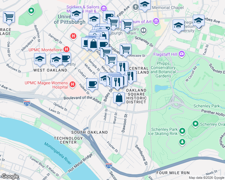 map of restaurants, bars, coffee shops, grocery stores, and more near in Pittsburgh