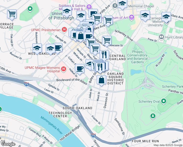 map of restaurants, bars, coffee shops, grocery stores, and more near in Pittsburgh