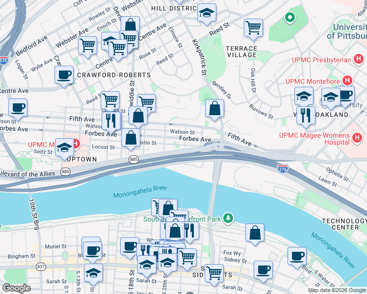 map of restaurants, bars, coffee shops, grocery stores, and more near in Pittsburgh