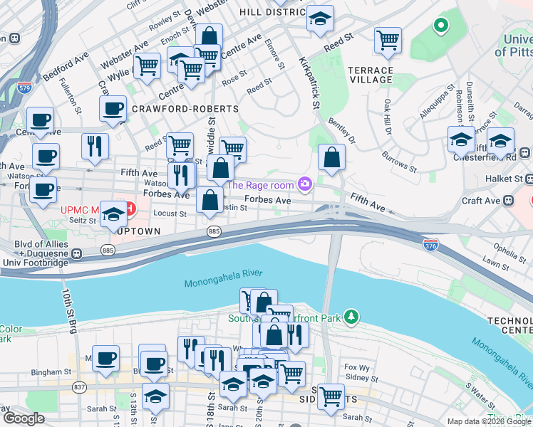 map of restaurants, bars, coffee shops, grocery stores, and more near 2019 Tustin Street in Pittsburgh