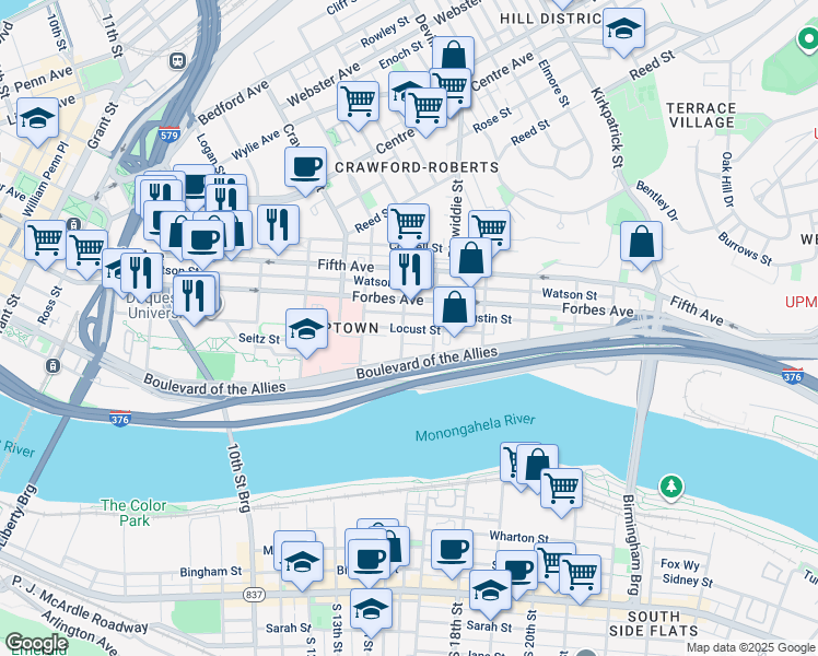map of restaurants, bars, coffee shops, grocery stores, and more near 308 Van Braam Street in Pittsburgh
