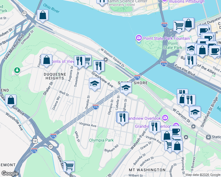 map of restaurants, bars, coffee shops, grocery stores, and more near 108 Hallock Street in Pittsburgh