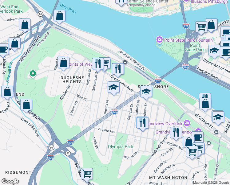 map of restaurants, bars, coffee shops, grocery stores, and more near 126 Cohassett Street in Pittsburgh