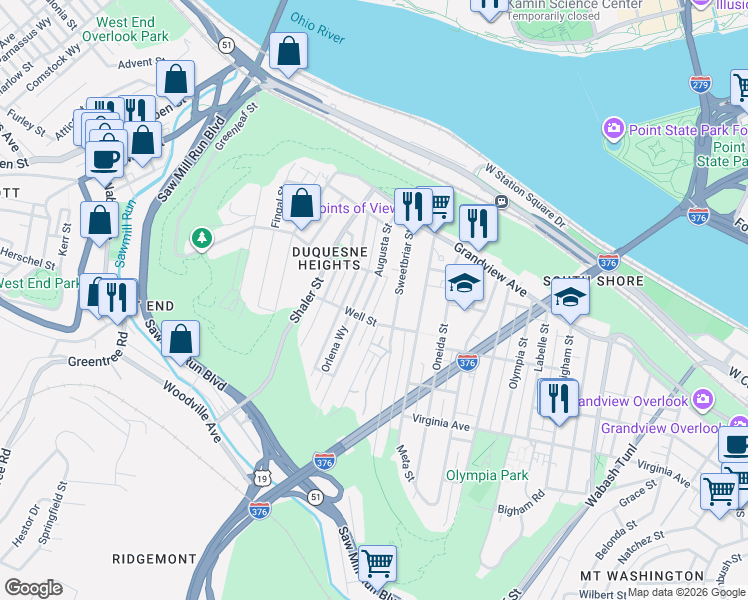 map of restaurants, bars, coffee shops, grocery stores, and more near 320 Augusta Street in Pittsburgh
