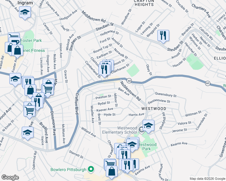 map of restaurants, bars, coffee shops, grocery stores, and more near 1402 Barr Avenue in Pittsburgh
