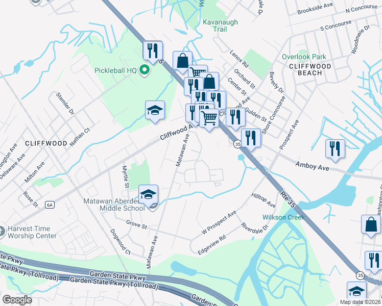 map of restaurants, bars, coffee shops, grocery stores, and more near 358B Matawan Avenue in Aberdeen Township