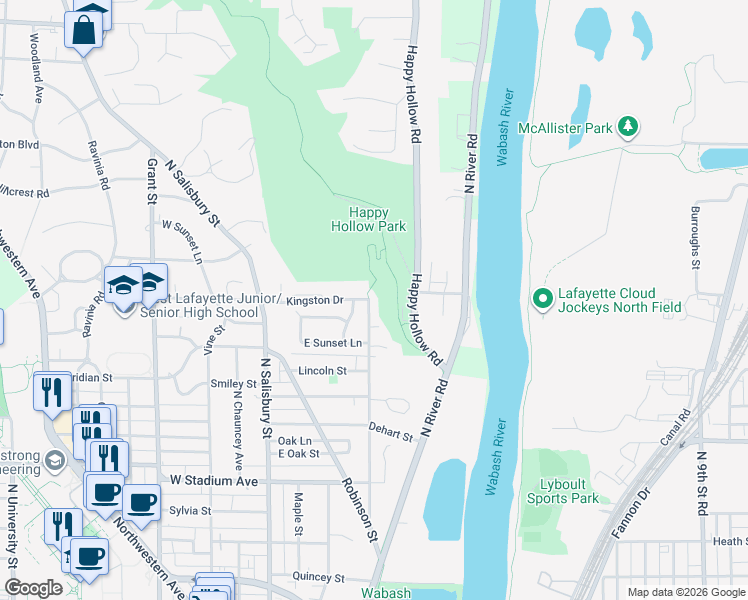 map of restaurants, bars, coffee shops, grocery stores, and more near 930 Rose Street in West Lafayette