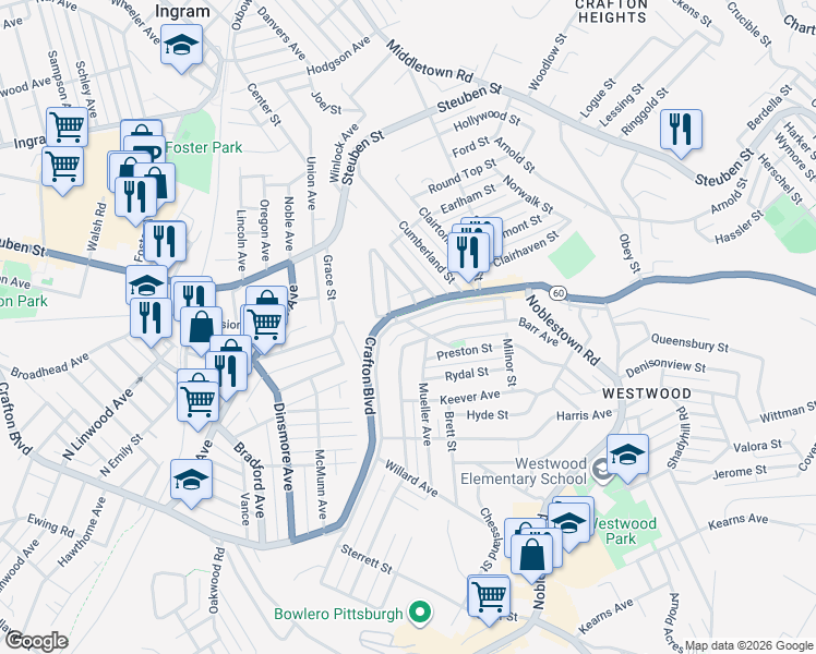 map of restaurants, bars, coffee shops, grocery stores, and more near 203 Clearview Avenue in Pittsburgh