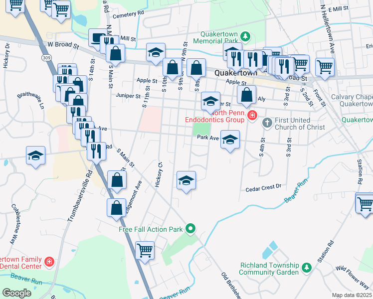 map of restaurants, bars, coffee shops, grocery stores, and more near 209 South 9th Street in Quakertown