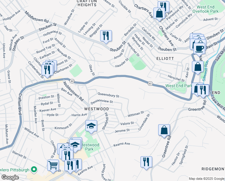 map of restaurants, bars, coffee shops, grocery stores, and more near 1235 Ledgedale Street in Pittsburgh