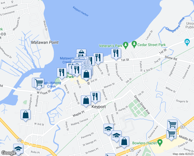 map of restaurants, bars, coffee shops, grocery stores, and more near 50 Osborn Street in Keyport