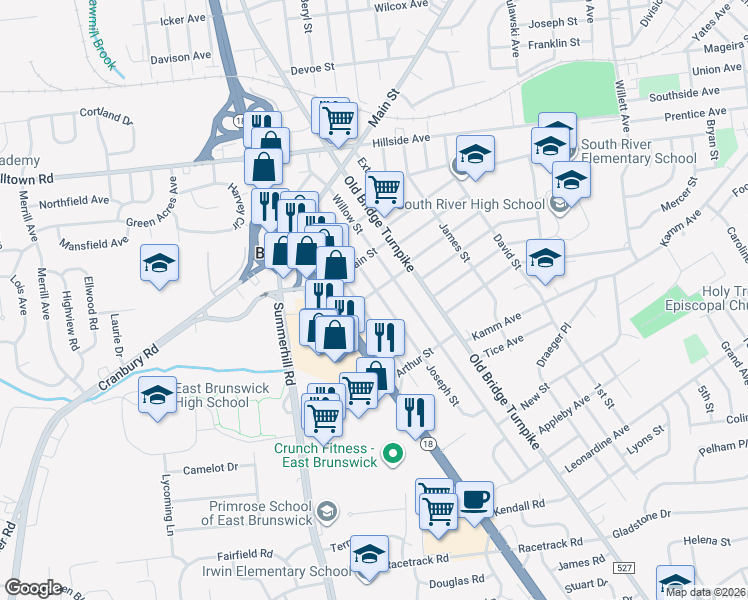 map of restaurants, bars, coffee shops, grocery stores, and more near 179 Joseph Street in East Brunswick