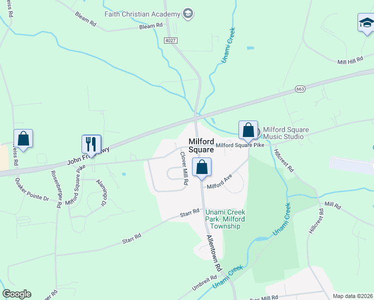 map of restaurants, bars, coffee shops, grocery stores, and more near 2134 Milford Square Pike in Quakertown