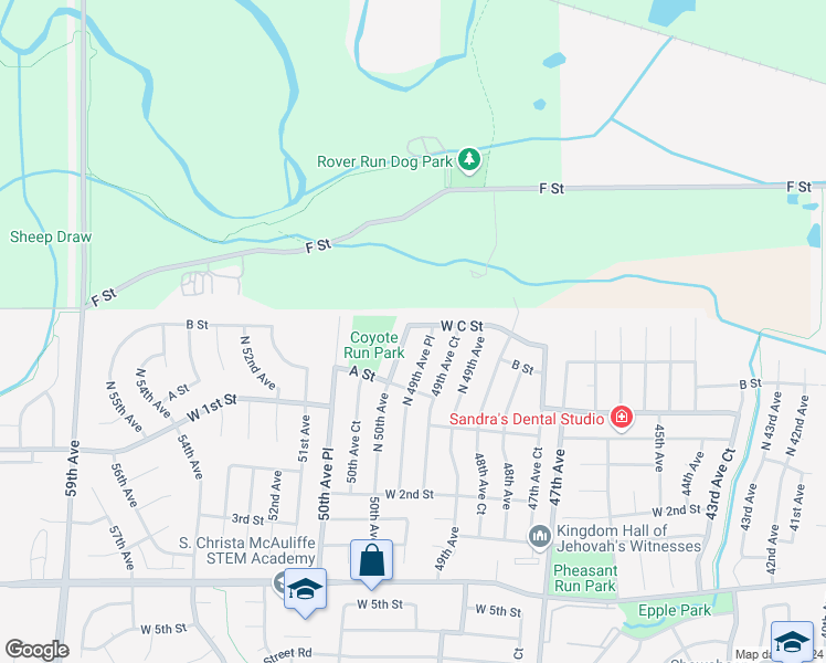 map of restaurants, bars, coffee shops, grocery stores, and more near 4951 C Street in Greeley