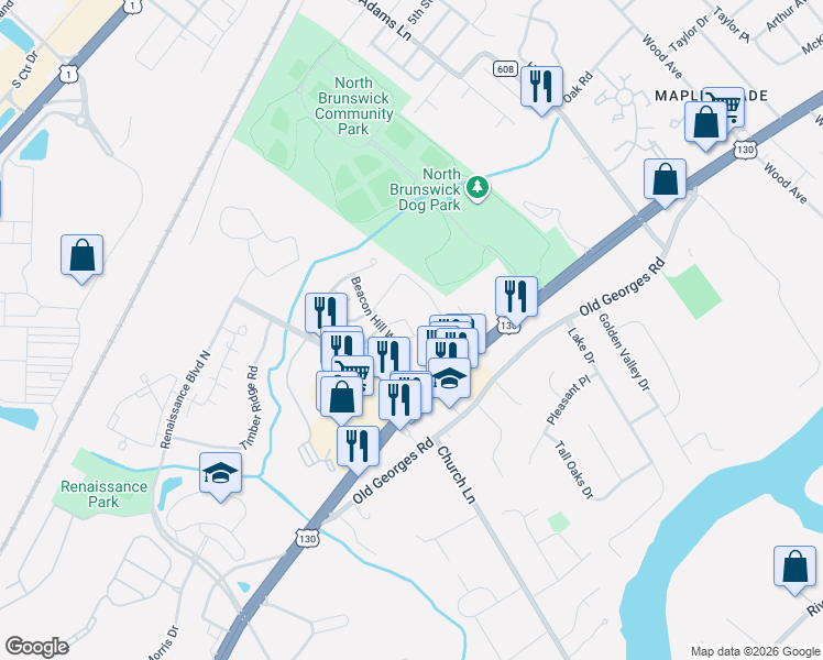 map of restaurants, bars, coffee shops, grocery stores, and more near 702 Stony Brook Way in North Brunswick Township