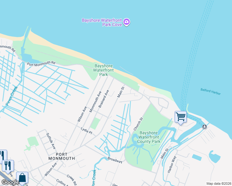 map of restaurants, bars, coffee shops, grocery stores, and more near 22 Main Street in Port Monmouth