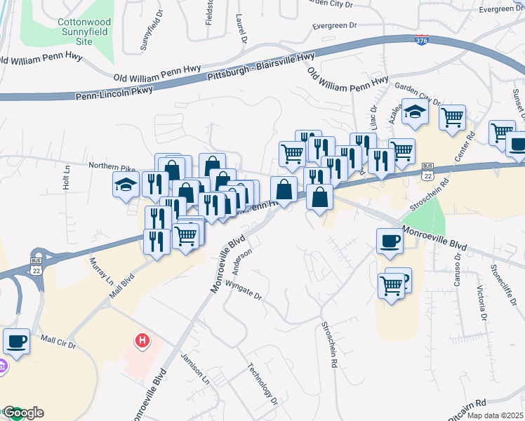 map of restaurants, bars, coffee shops, grocery stores, and more near 3858 William Penn Highway in Monroeville