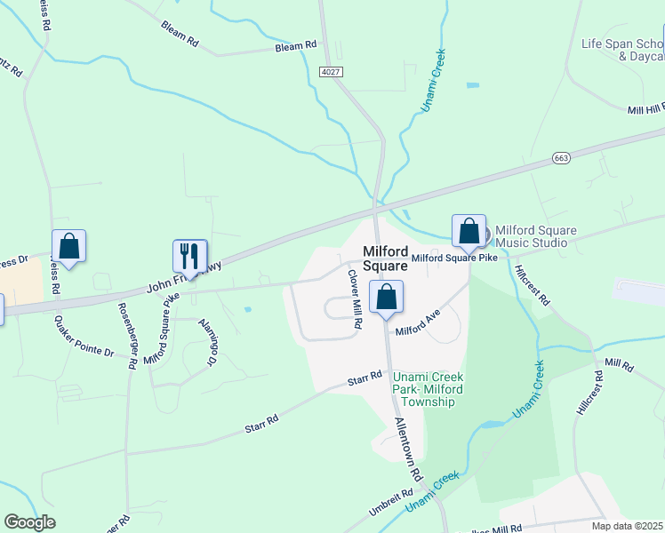 map of restaurants, bars, coffee shops, grocery stores, and more near 2120 Milford Square Pike in Quakertown