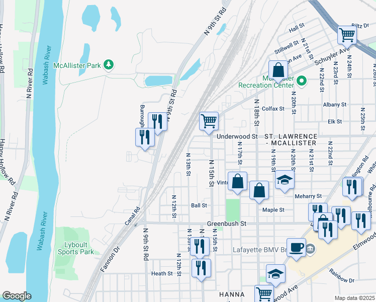 map of restaurants, bars, coffee shops, grocery stores, and more near 1312 Burroughs Street in Lafayette