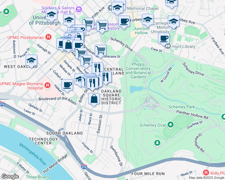 map of restaurants, bars, coffee shops, grocery stores, and more near 15 Oakland Square in Pittsburgh
