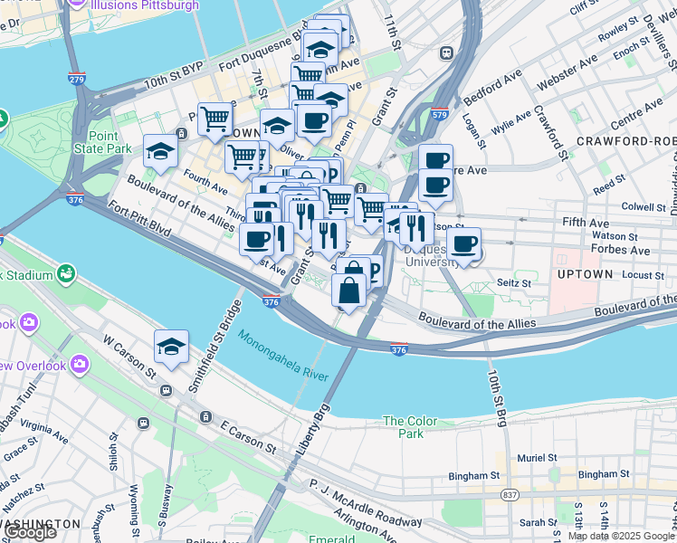 map of restaurants, bars, coffee shops, grocery stores, and more near 200 Ross Street in Pittsburgh