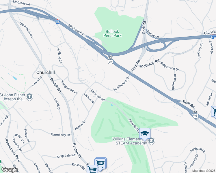 map of restaurants, bars, coffee shops, grocery stores, and more near 85 Locksley Drive in Pittsburgh