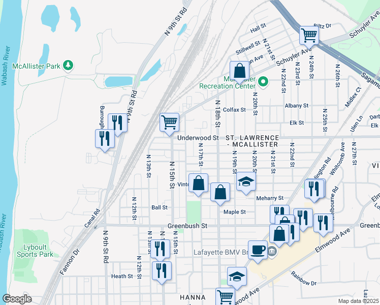 map of restaurants, bars, coffee shops, grocery stores, and more near 1917 North 16th Street in Lafayette