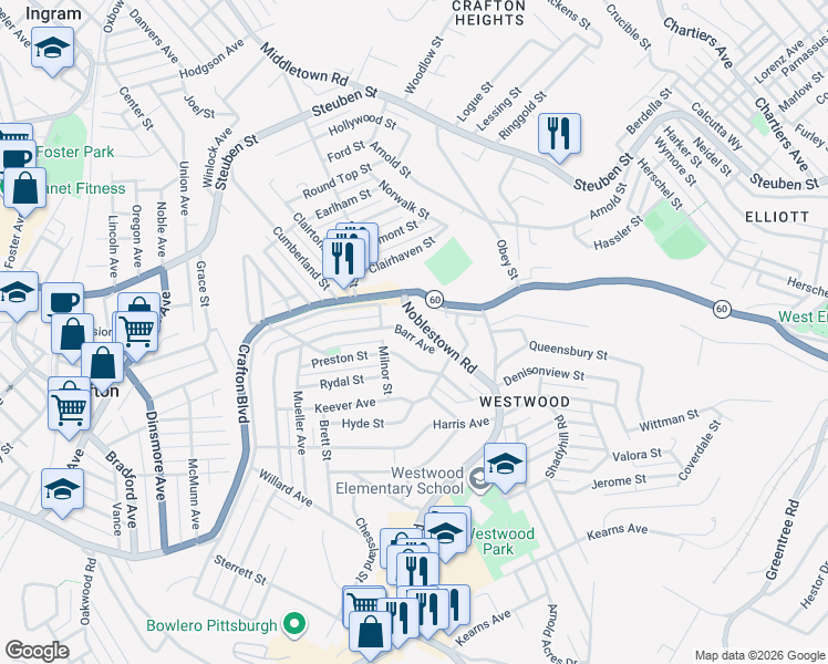 map of restaurants, bars, coffee shops, grocery stores, and more near 1344 Barr Avenue in Pittsburgh