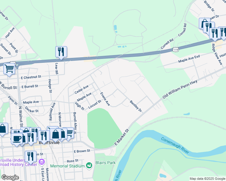 map of restaurants, bars, coffee shops, grocery stores, and more near 171 Locust Street in Blairsville