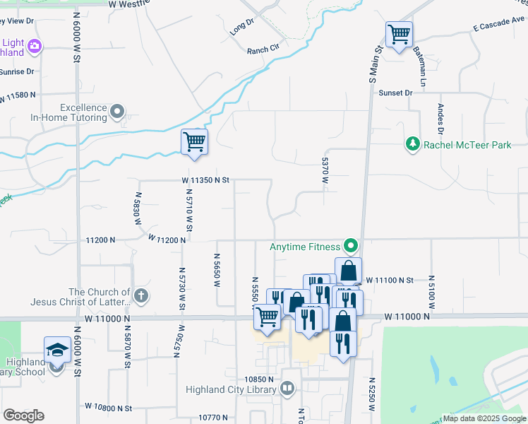map of restaurants, bars, coffee shops, grocery stores, and more near 11296 North 5500 West Street in Highland
