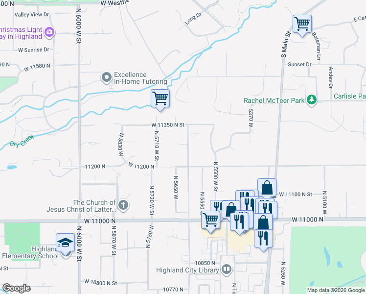 map of restaurants, bars, coffee shops, grocery stores, and more near 5646 West 11270 North in Highland
