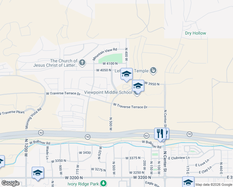 map of restaurants, bars, coffee shops, grocery stores, and more near Canyon Hills Road in Lehi