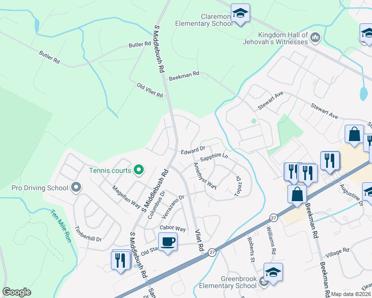 map of restaurants, bars, coffee shops, grocery stores, and more near 130 Amethyst Way in Franklin Township